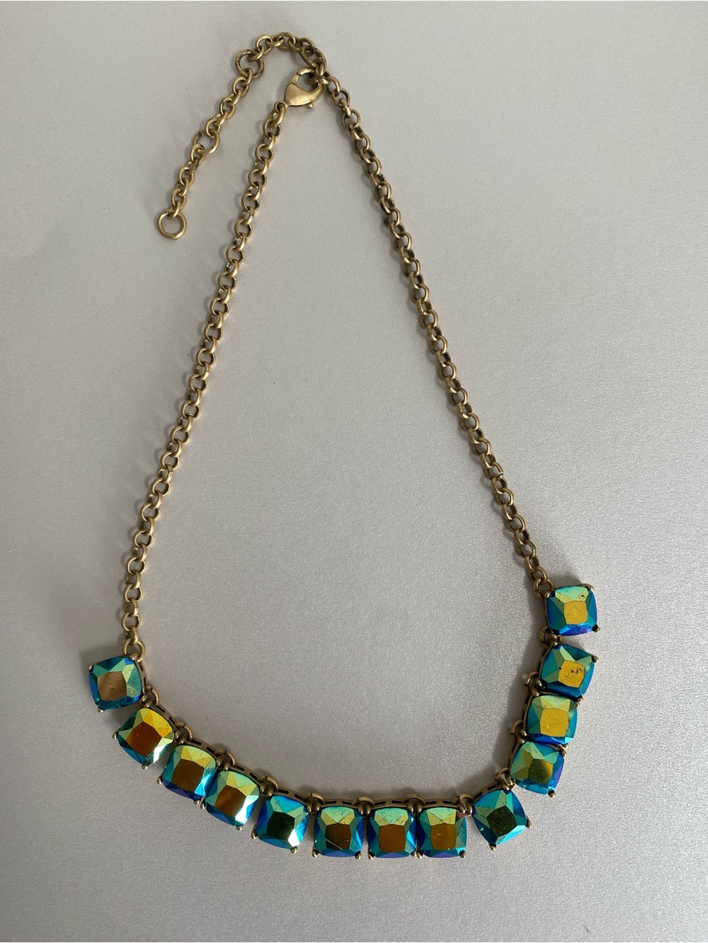 Gold Chain Statement Necklace with Iridescent Blue-Green Stones